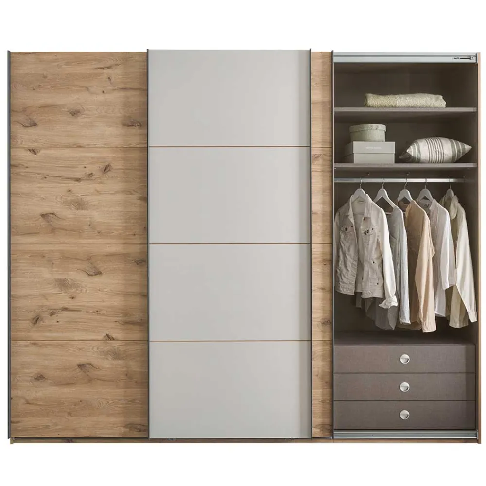 Wohnen Kleiderschränke|Schränke<Schwebetürenschrank in Grau und Wildeiche Hell - Simple