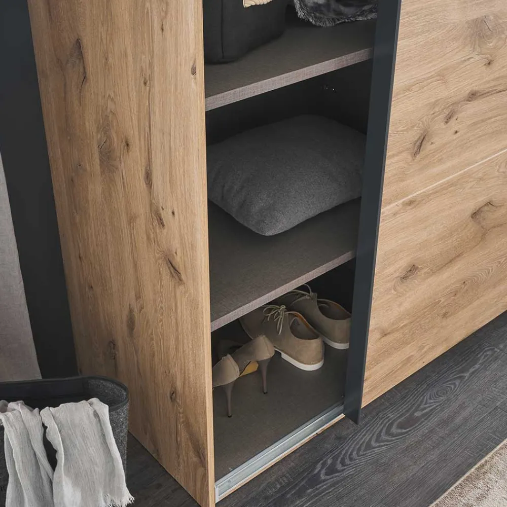 Wohnen Kleiderschränke|Schränke<Schwebetürenschrank in Grau und Wildeiche Hell - Simple