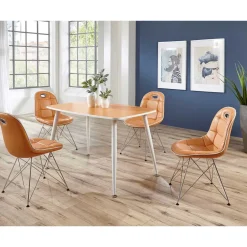 Wohnen Sitzgruppe<Stylische Design Essgruppe in Orange Wancora mit Kunstleder Stühlen (fünfteilig)