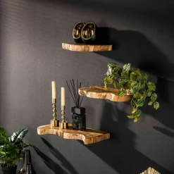 Wohnen Regale<Teak Wandboard Trio mit Naturkanten - Matthis (dreiteilig)