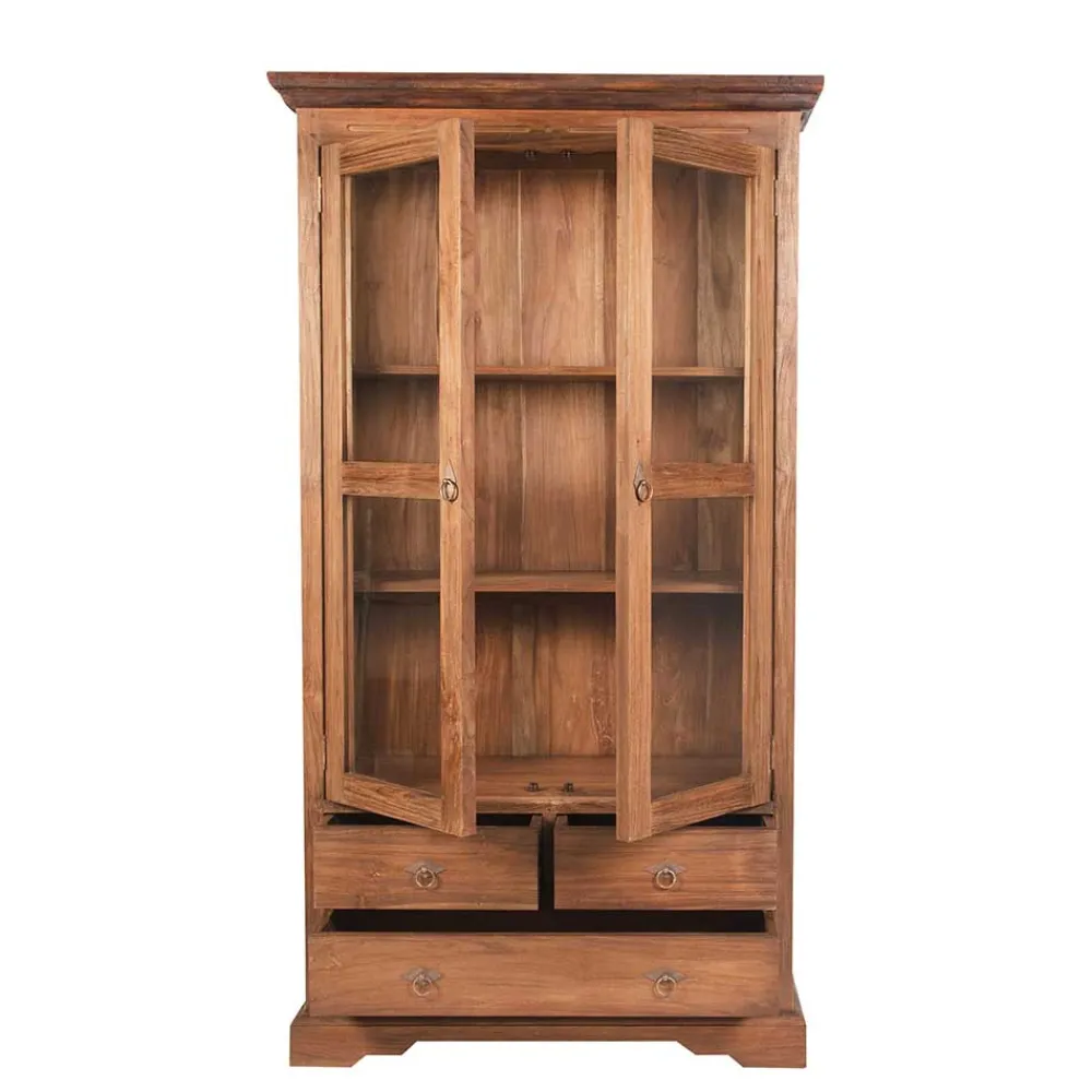 Wohnen Schränke<Teakholz Vitrinenschrank Mangato im Landhausstil