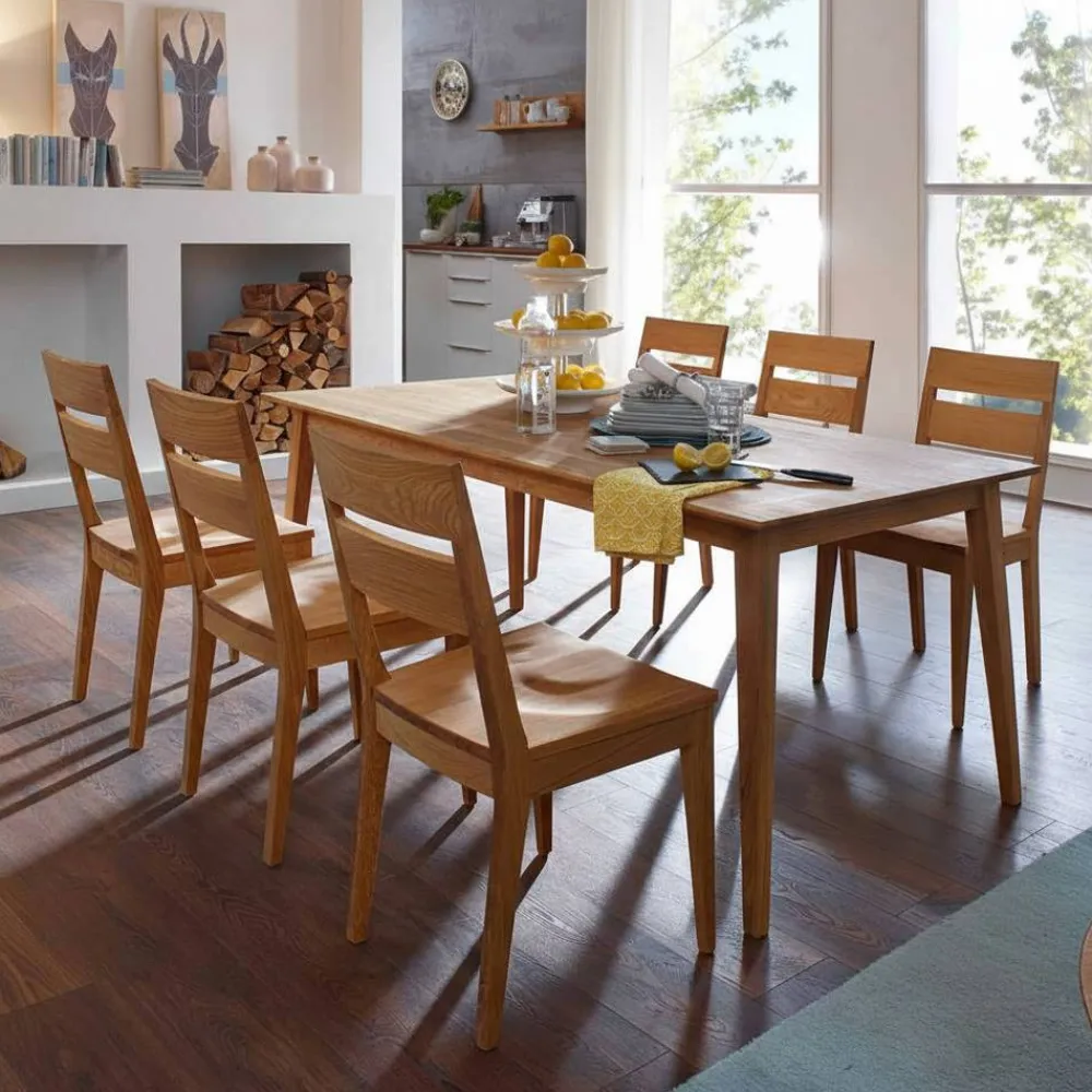 Wohnen Sitzgruppe<Tisch und Stuhl Set Likes aus Holz Wildeiche massiv (siebenteilig)