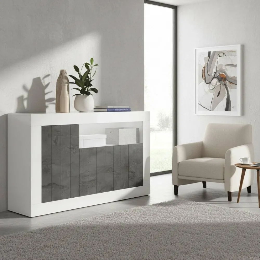 Wohnen Sideboards<3-türige Kommode in Hochglanz Weiß & Grau - Voskala