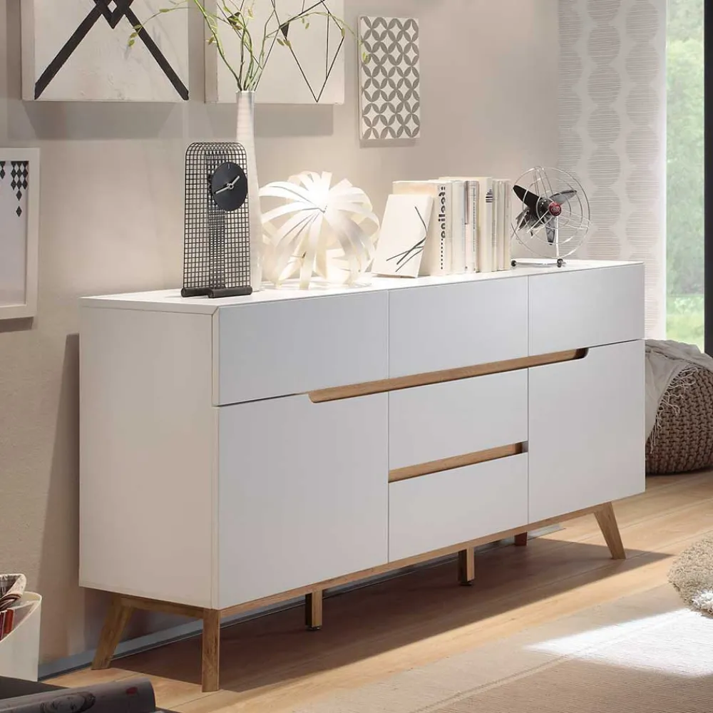 Wohnen Sideboards<2-türige Retro Kommode mit 5 Schubladen Flacon in Weiß