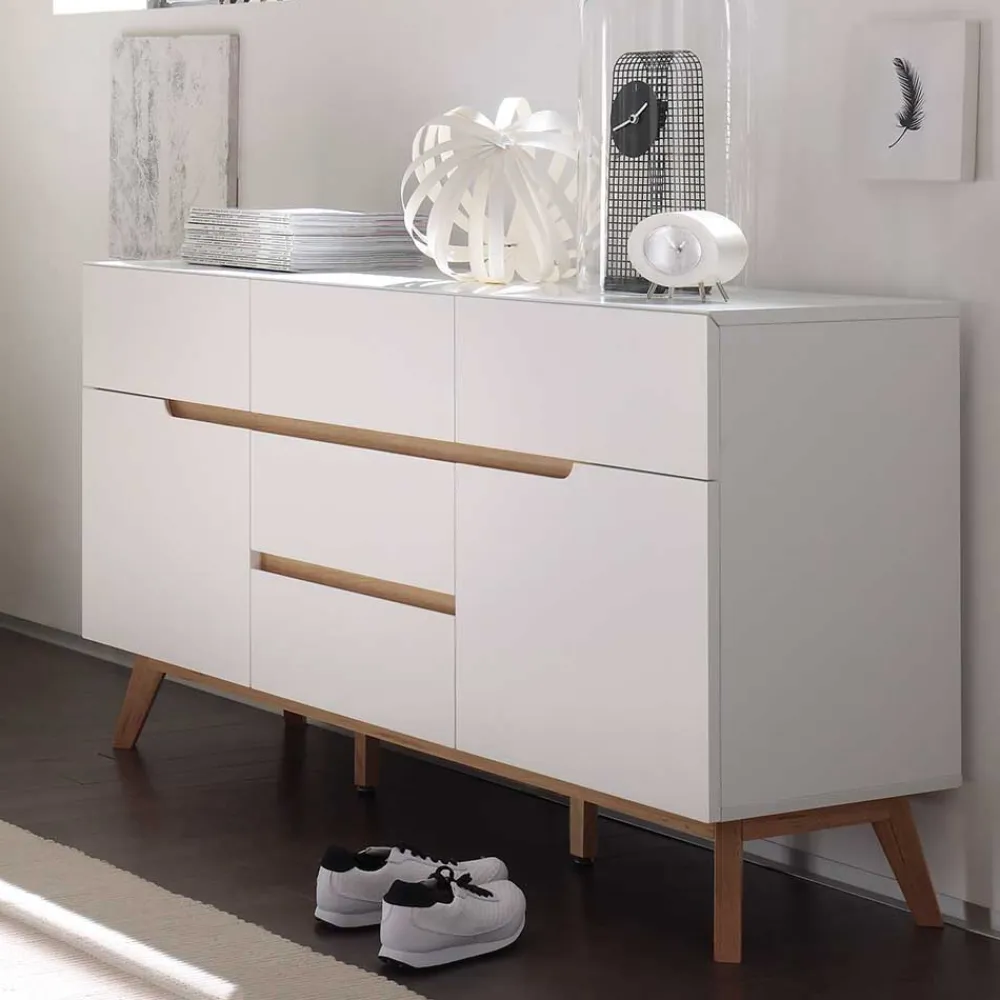 Wohnen Sideboards<2-türige Retro Kommode mit 5 Schubladen Flacon in Weiß