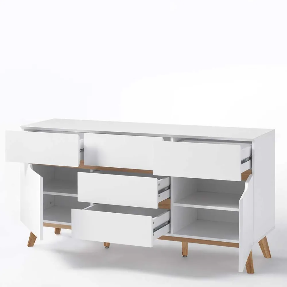Wohnen Sideboards<2-türige Retro Kommode mit 5 Schubladen Flacon in Weiß