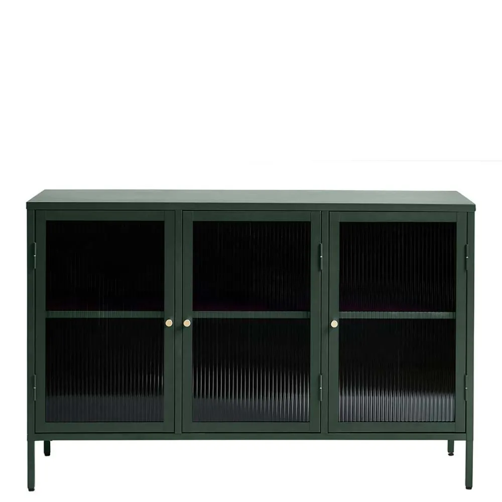 Wohnen Sideboards<3-türige Stahl Kommode in Dunkelgrün mit Glas - Mela