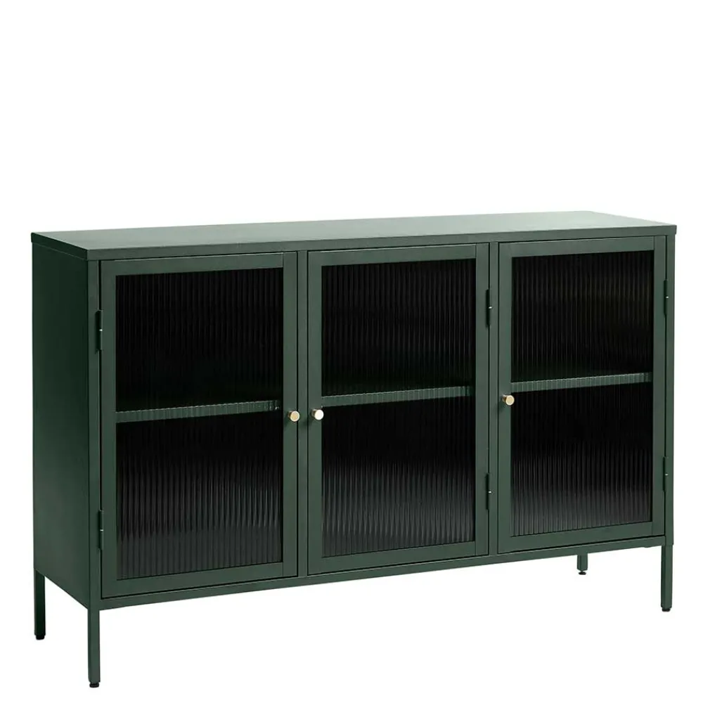 Wohnen Sideboards<3-türige Stahl Kommode in Dunkelgrün mit Glas - Mela