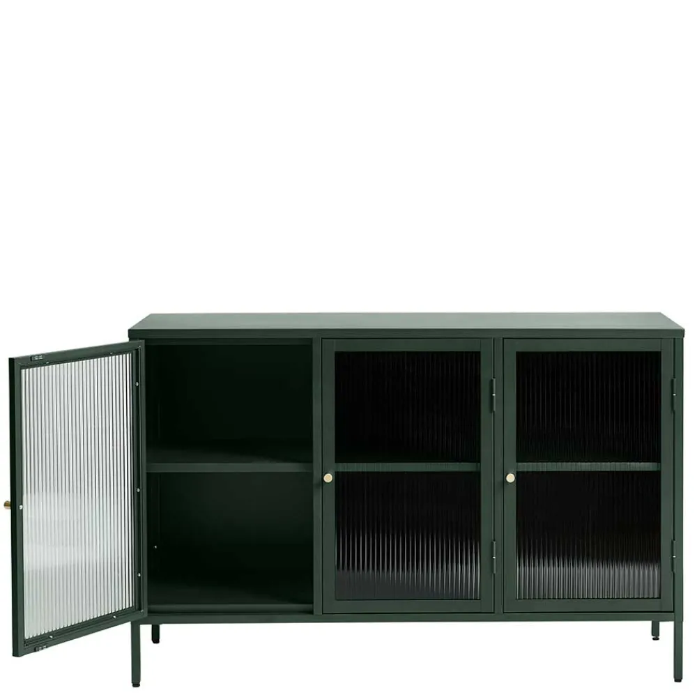 Wohnen Sideboards<3-türige Stahl Kommode in Dunkelgrün mit Glas - Mela