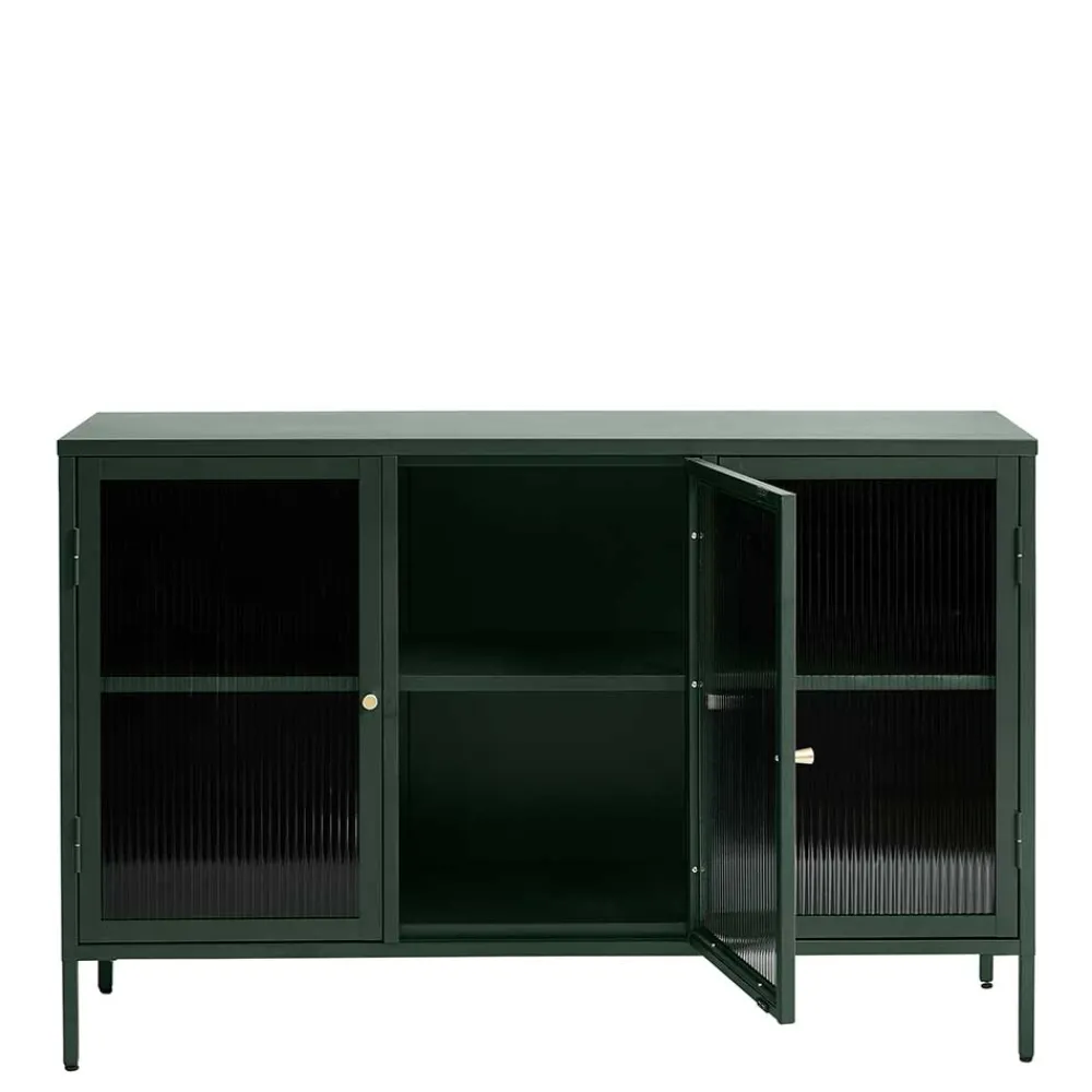 Wohnen Sideboards<3-türige Stahl Kommode in Dunkelgrün mit Glas - Mela