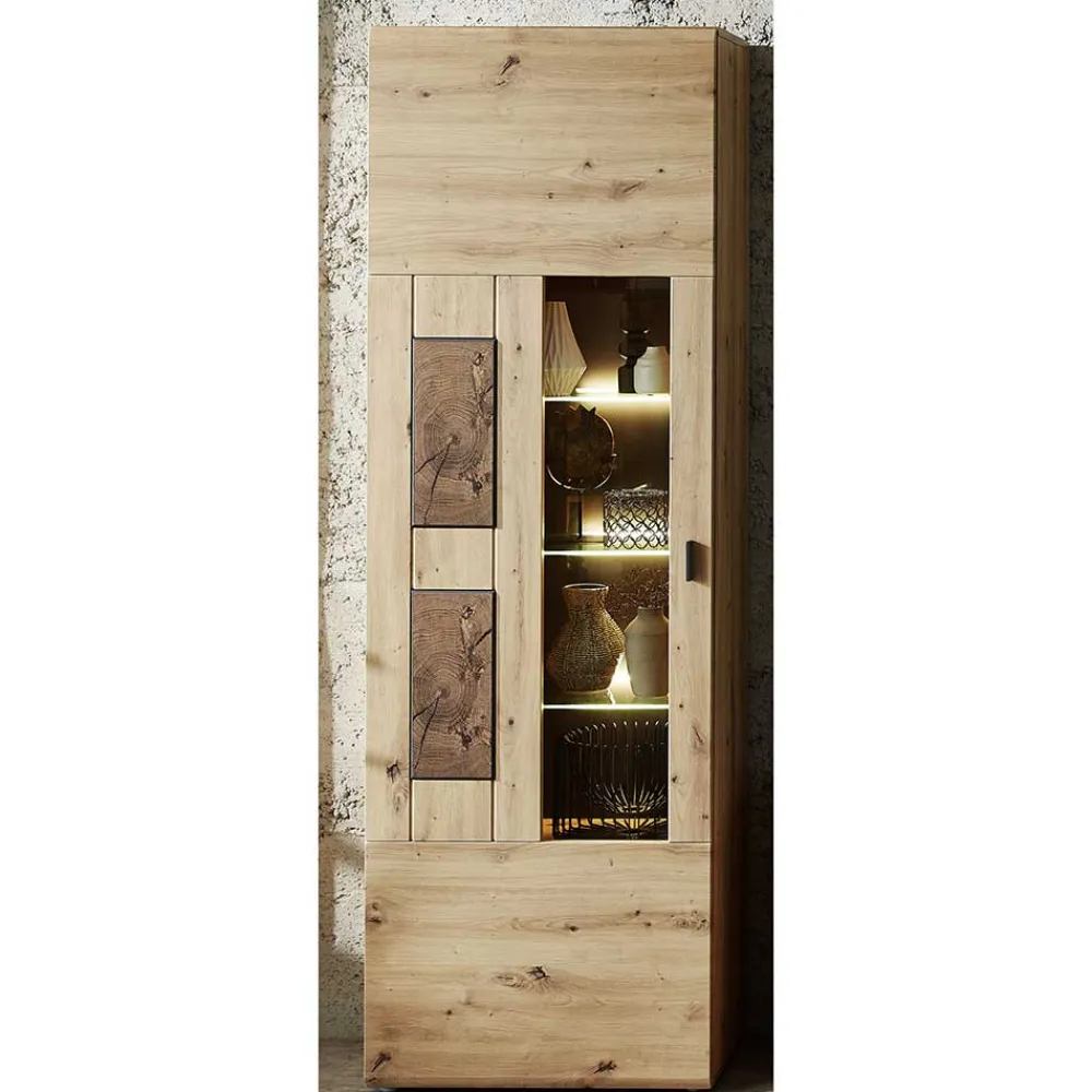 Wohnen Vitrinen<1-türige Wohnzimmervitrine in Wildeiche Holzoptik - Iniaco