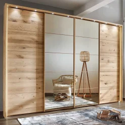 Wohnen Kleiderschränke|Schränke<4-türiger Schwebetürenschrank in Eiche Bianco - Brownie