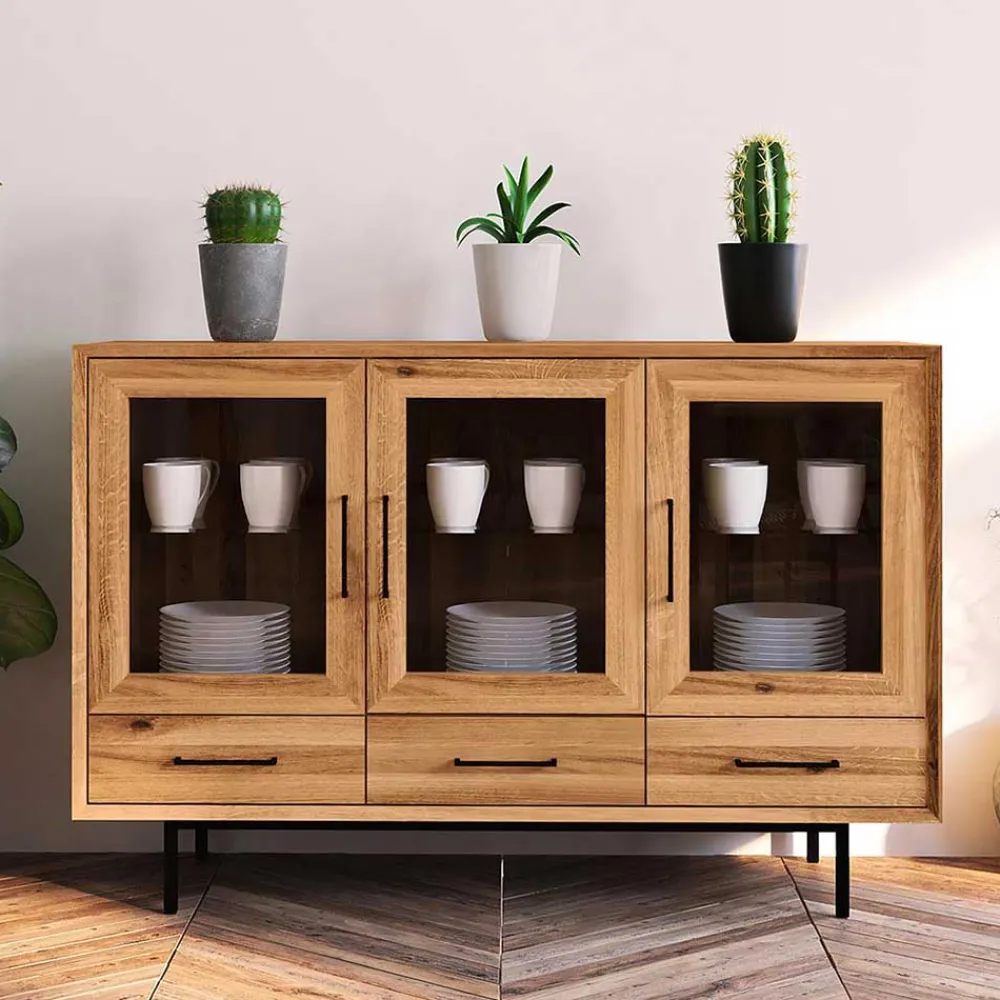 Wohnen Sideboards|Vitrinen<3-türiger Vitrinenschrank mit drei Schubladen - Kerfa