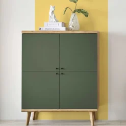 Wohnen Highboards<4-türiges Highboard in Graugrün und Wildeiche - Oliva