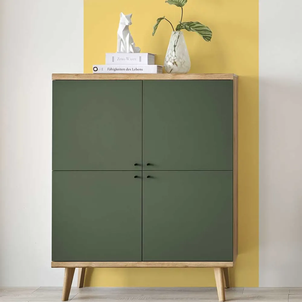 Wohnen Highboards<4-türiges Highboard in Graugrün und Wildeiche - Oliva