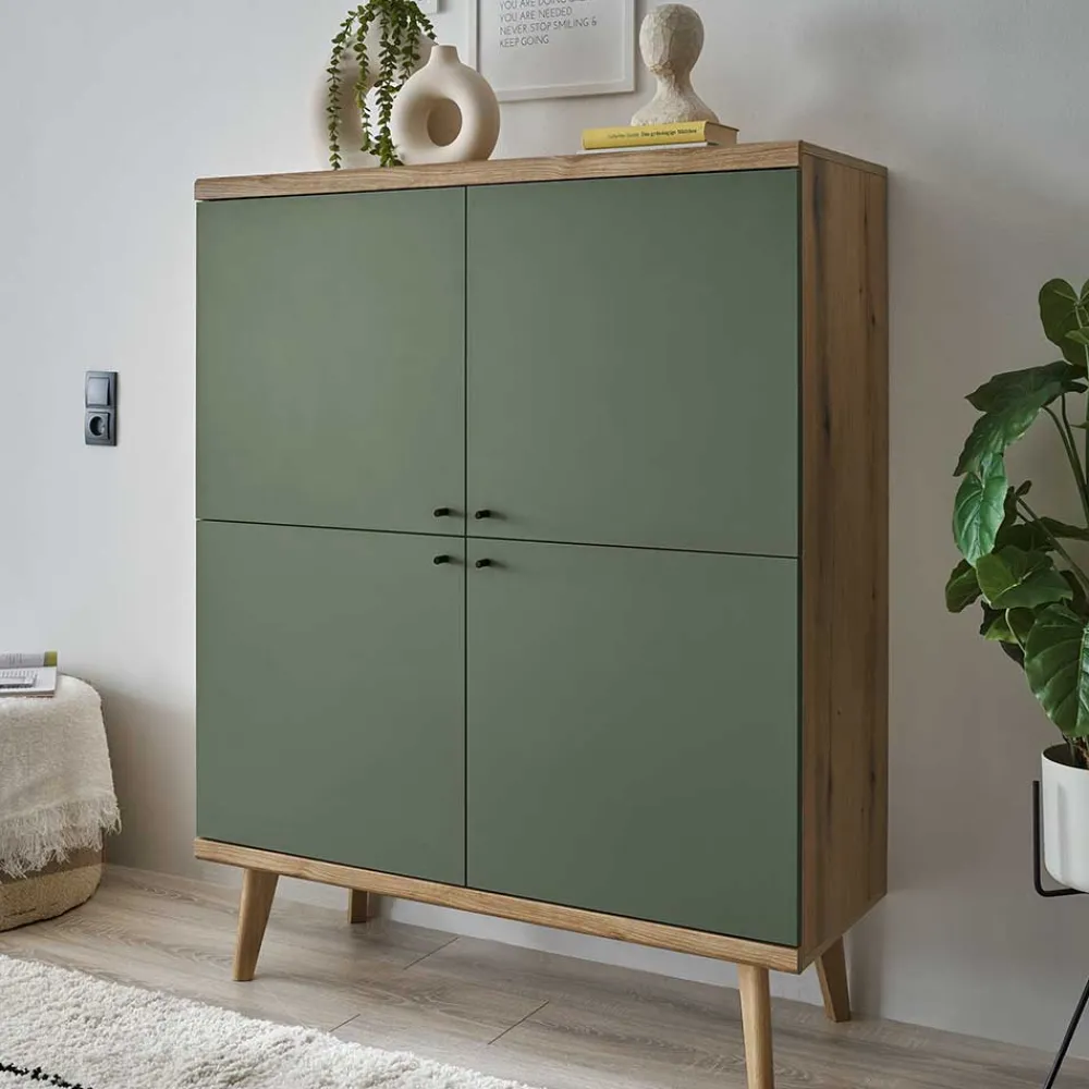 Wohnen Highboards<4-türiges Highboard in Graugrün und Wildeiche - Oliva