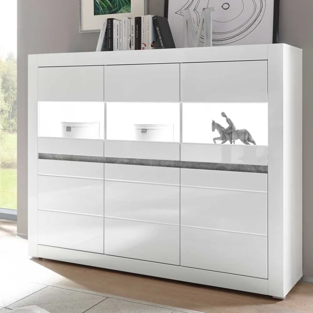 Wohnen Highboards|Kommoden<6-türiges Highboard in Weiß Hochglanz Mextra & Beton Dekor