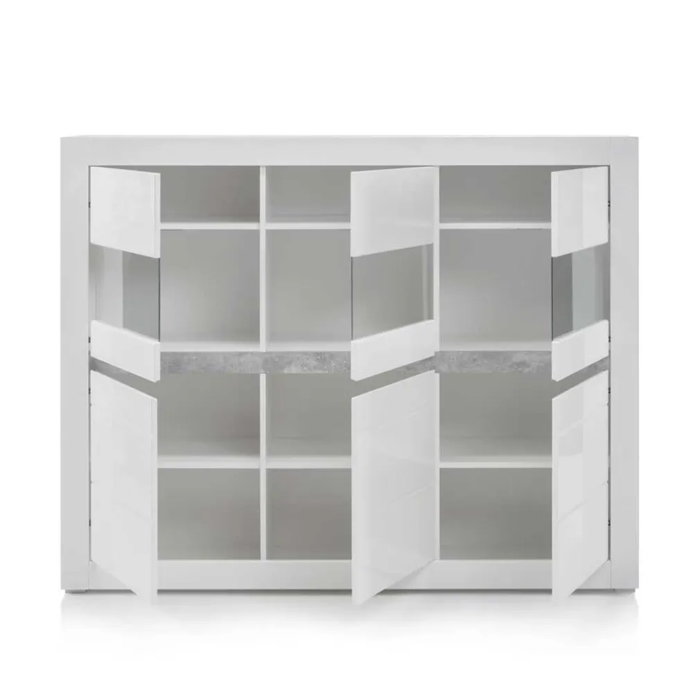 Wohnen Highboards|Kommoden<6-türiges Highboard in Weiß Hochglanz Mextra & Beton Dekor