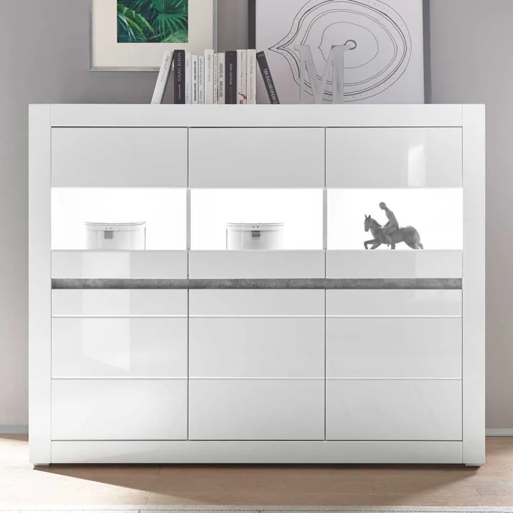 Wohnen Highboards|Kommoden<6-türiges Highboard in Weiß Hochglanz Mextra & Beton Dekor