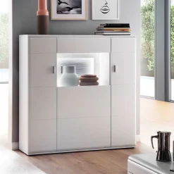 Wohnen Highboards|Vitrinen<3-türiges Highboard mit Glas Einsatz in Weiß - Hazime