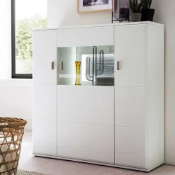 Wohnen Highboards|Vitrinen<3-türiges Highboard mit Glas Einsatz in Weiß - Hazime