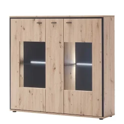 Wohnen Highboards|Kommoden<3-türiges Highboard mit Glas in Holzdekor Eiche - Nikdus