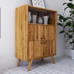 Wohnen Highboards|Vitrinen<6-türiges Mid Century Highboard aus Glas & Holz - Hardus