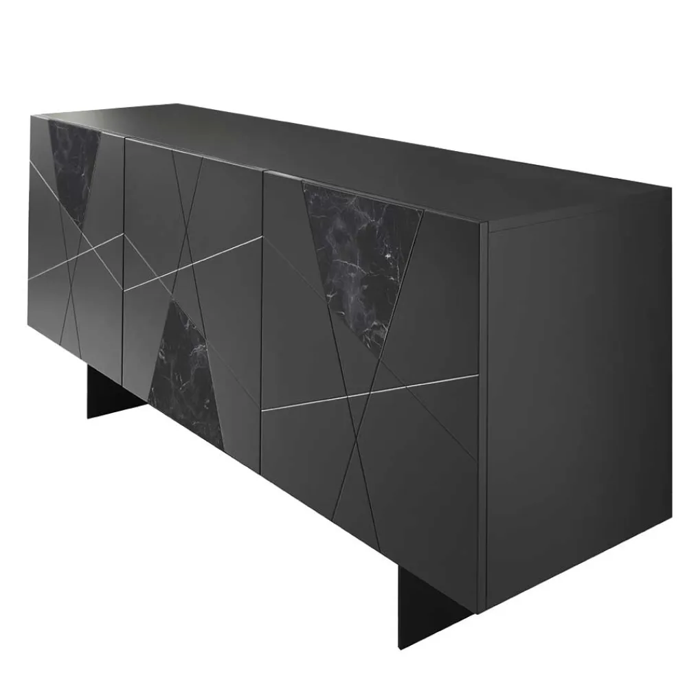 Wohnen Sideboards<3-türiges Sideboard mit Marmor Einsätzen Schwarz - Wakes