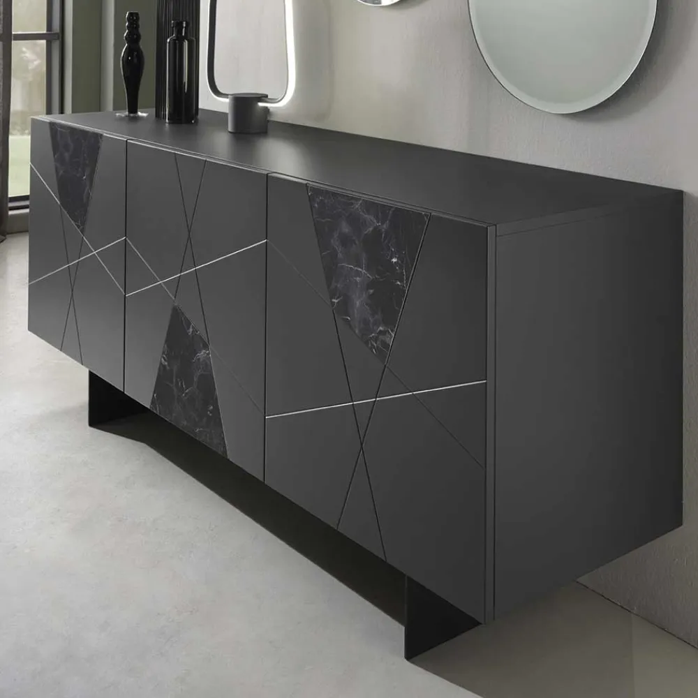 Wohnen Sideboards<3-türiges Sideboard mit Marmor Einsätzen Schwarz - Wakes
