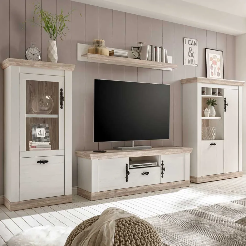 Wohnen Wohnwände<TV Anbauwand im Scandi Landhaus Stil Nedita in Weiß & Shabby Pinie Dekor (vierteilig)