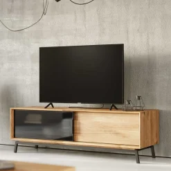 Wohnen Tv & Hifi-Möbel|Lowboards<TV Board mit Schiebetüren aus getöntem Glas & Eiche - Fabiella