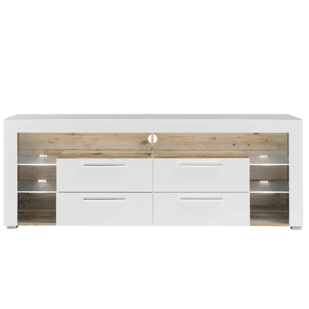Wohnen Tv & Hifi-Möbel|Lowboards<TV Lowboard in Weiß HG & Holz Antik Dekor - Masina