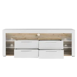 Wohnen Tv & Hifi-Möbel|Lowboards<TV Lowboard in Weiß HG & Holz Antik Dekor - Masina
