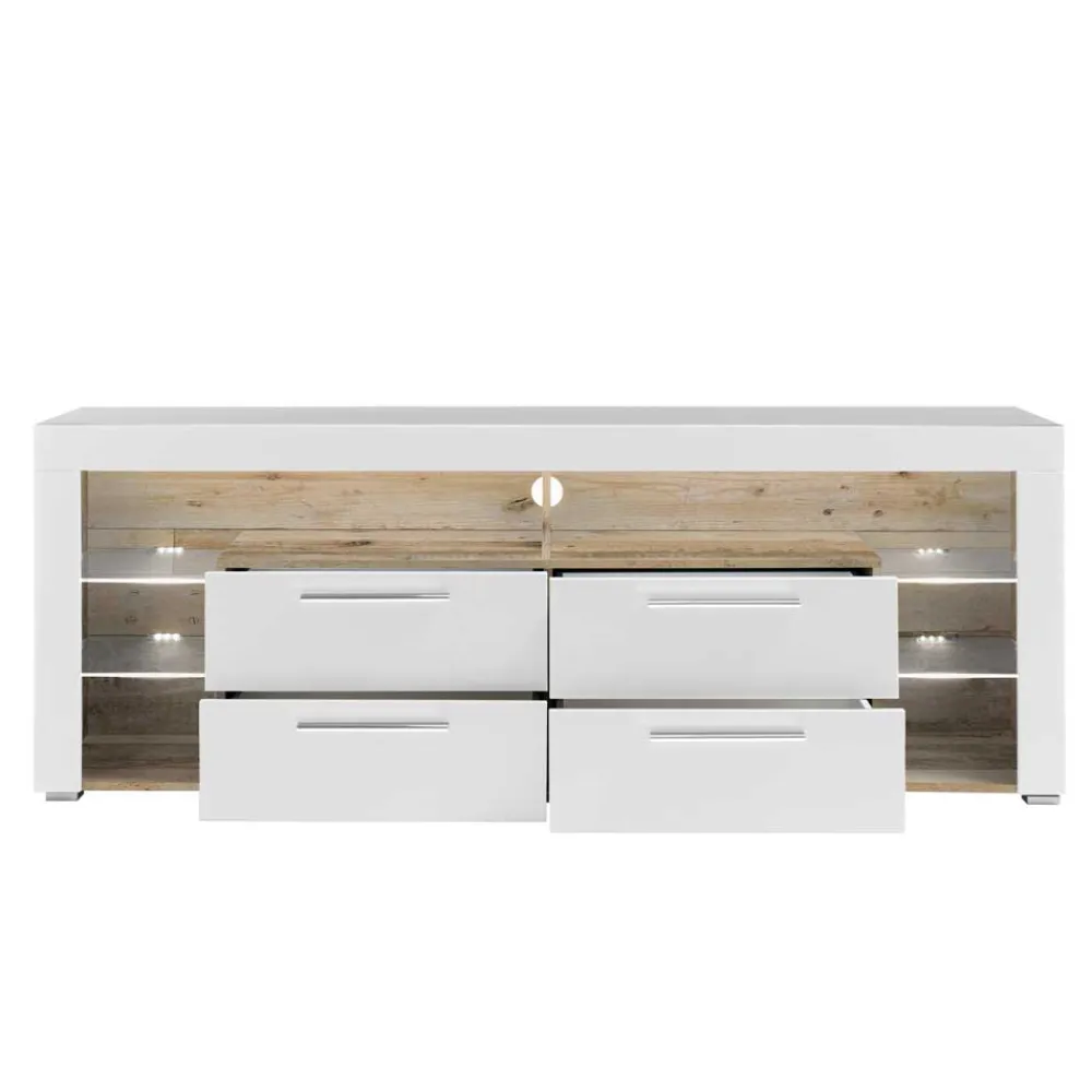 Wohnen Tv & Hifi-Möbel|Lowboards<TV Lowboard in Weiß HG & Holz Antik Dekor - Masina