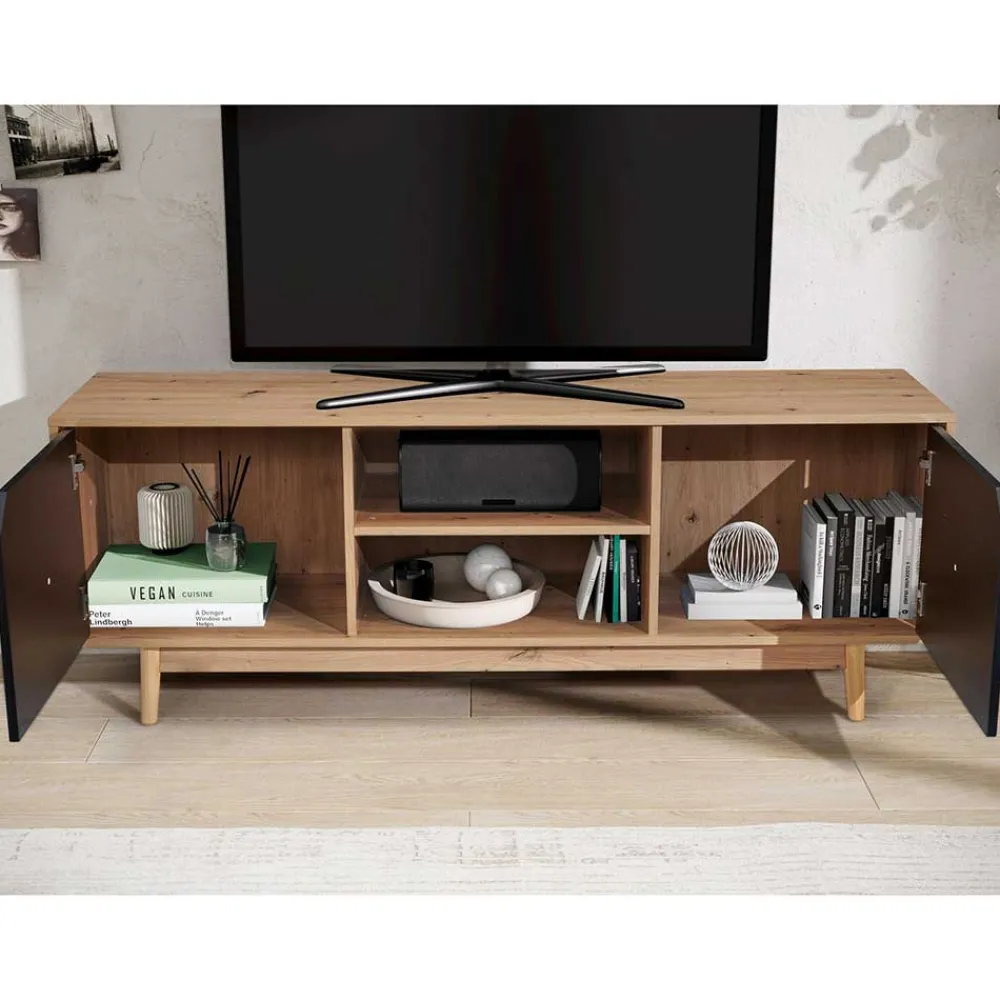 Wohnen Tv & Hifi-Möbel|Lowboards<TV Unterschrank in Dekor Eiche Natur und Schwarz - Heraklion