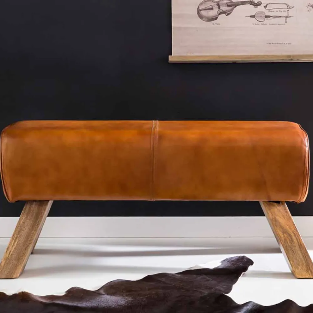 Wohnen Sitzbank<Vintage Lederbank Snog mit Holzgestell rustikal