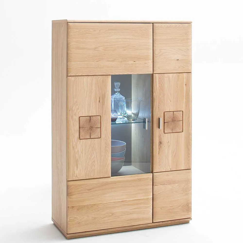 Wohnen Highboards|Vitrinen<Vitrine Highboard optional mit LED Pontros Eiche Bianco teilmassiv