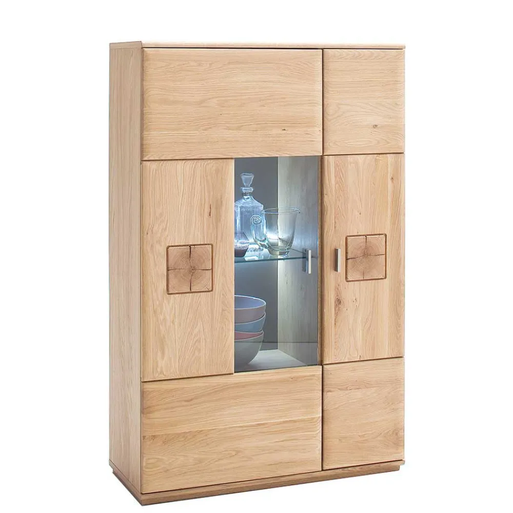 Wohnen Highboards|Vitrinen<Vitrine Highboard optional mit LED Pontros Eiche Bianco teilmassiv