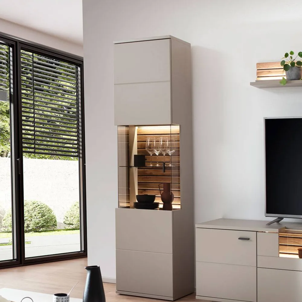 Wohnen Vitrinen<Vitrinenschrank in Grau mit Wildeiche - Teorina