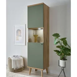 Wohnen Vitrinen<Vitrinenschrank in Graugrün mit Wildeiche - Oliva