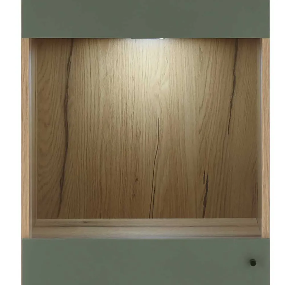 Wohnen Vitrinen<Vitrinenschrank in Graugrün mit Wildeiche - Oliva