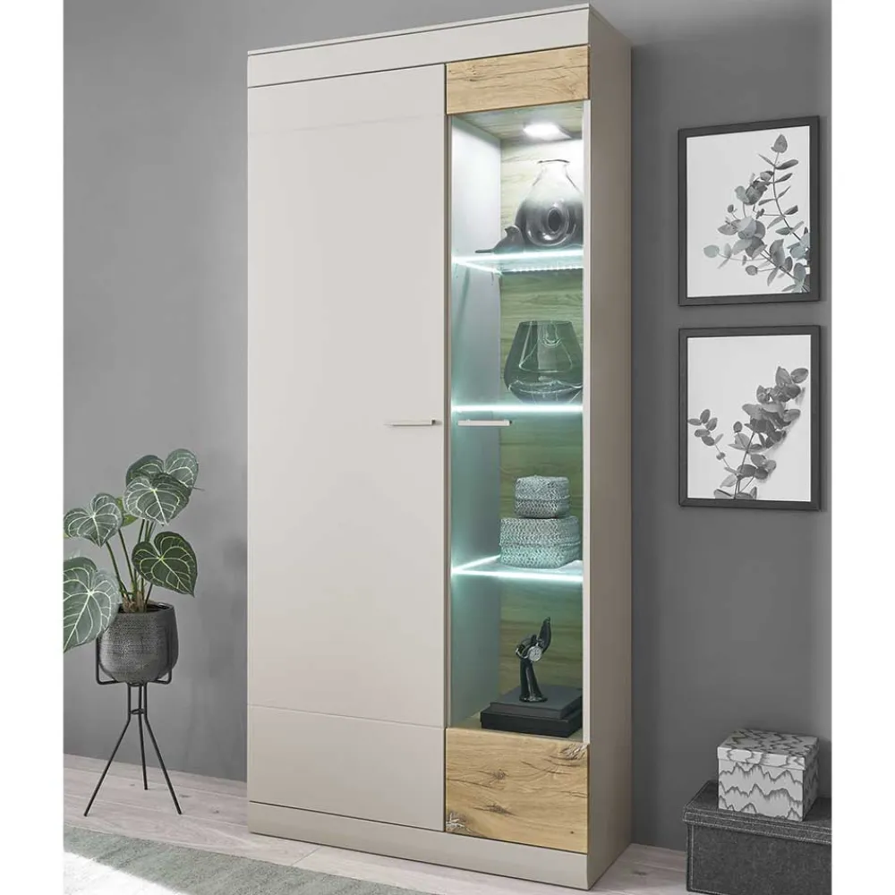 Wohnen Vitrinen<Vitrinenschrank in Hellgrau & Zinneiche NB - Lioscas