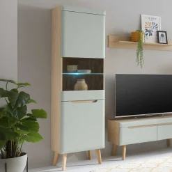 Wohnen Vitrinen<Vitrinenschrank in Mintgrün und Eiche - Armina