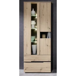 Wohnen Vitrinen<Vitrinenschrank in Wildeiche mit Grau - Kuetra