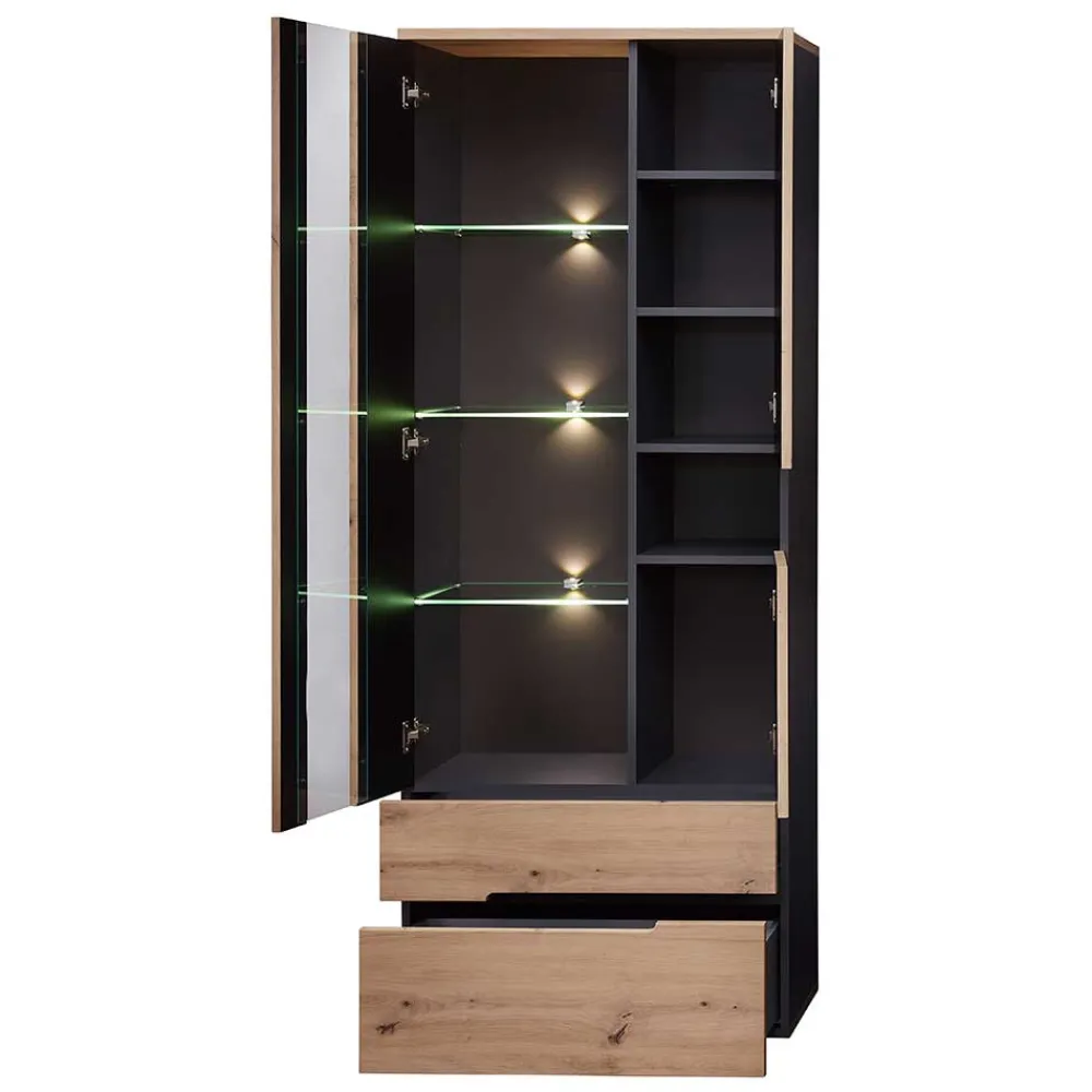 Wohnen Vitrinen<Vitrinenschrank in Wildeiche mit Grau - Kuetra
