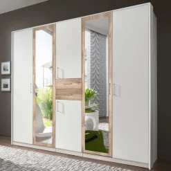 Wohnen Kleiderschränke|Schränke<Weißer Kleiderschrank mit Plankeneiche 225 cm breit - Leela