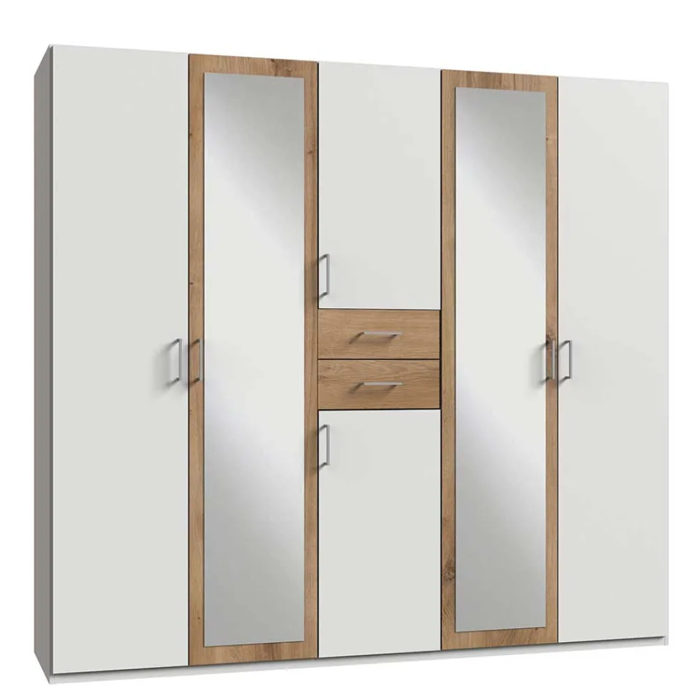 Wohnen Kleiderschränke|Schränke<Weißer Kleiderschrank mit Plankeneiche 225 cm breit - Leela