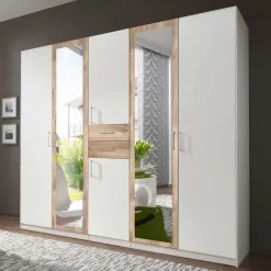 Wohnen Kleiderschränke|Schränke<Weißer Kleiderschrank mit Plankeneiche 225 cm breit - Leela