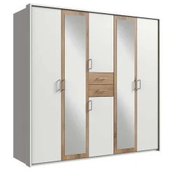 Wohnen Kleiderschränke|Schränke<Weißer Kleiderschrank mit Plankeneiche 225 cm breit - Leela