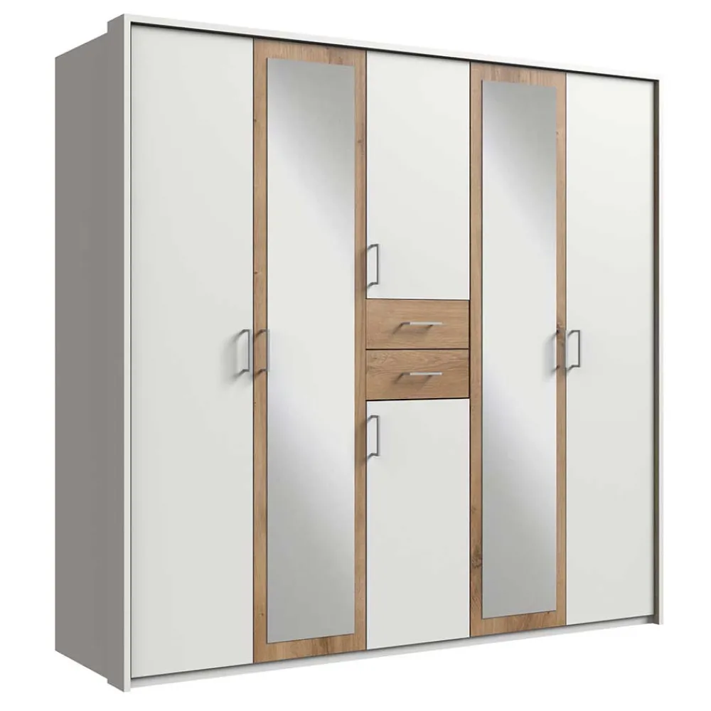 Wohnen Kleiderschränke|Schränke<Weißer Kleiderschrank mit Plankeneiche 225 cm breit - Leela